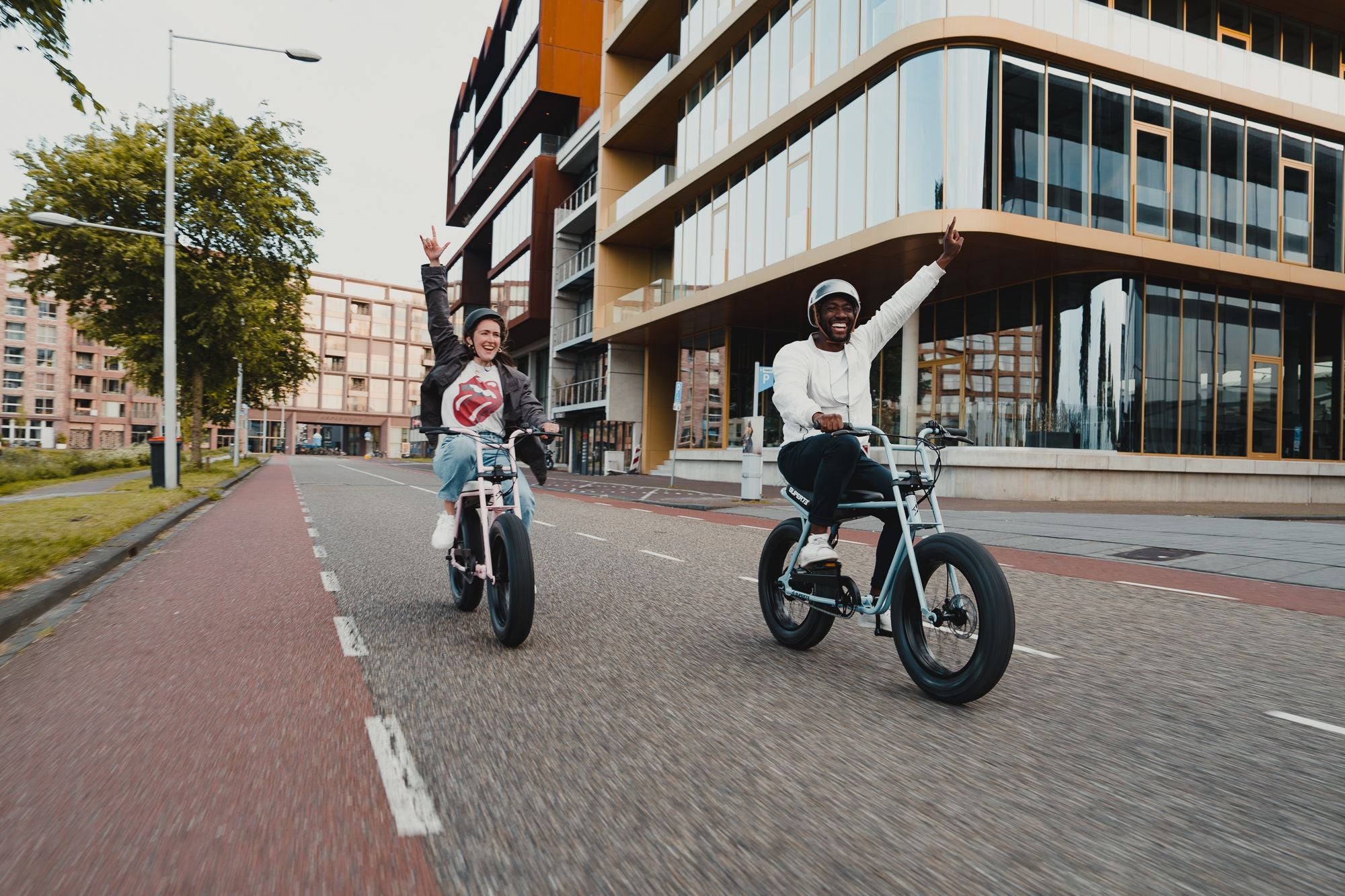 Two people enjoying a bike ride