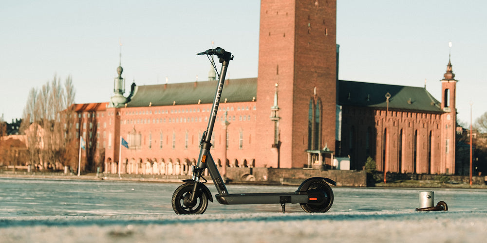 eltra67 electric scooter from eltra store in front of stockholm city hall in the winter, the scooter can drive all year round