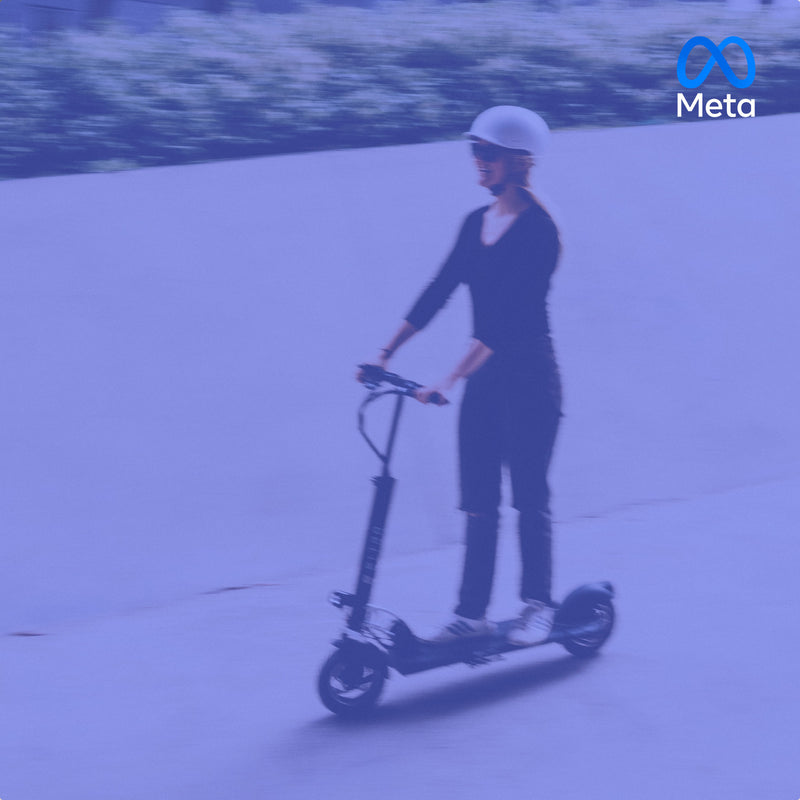 a woman riding a premium electric scooter, picture covered in blue filter and meta logo